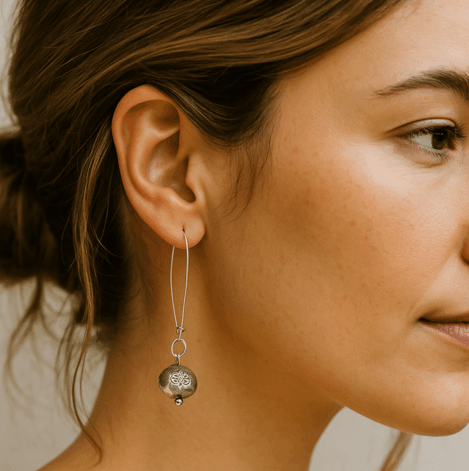 N3499b Boucles d’oreilles ovales artisanales en argent 925 massif – Perle plate gravée d’une fleur - Bijoux d'oreille en ligne Ninanina