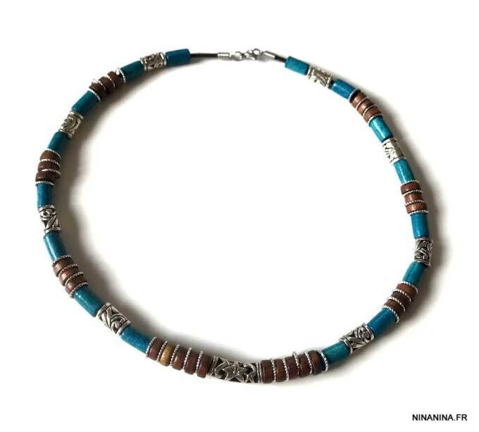 N3501b Collier homme perle bois bleu turquoise ethnique sur cordon cuir - Bijoux Colliers en ligne Ninanina