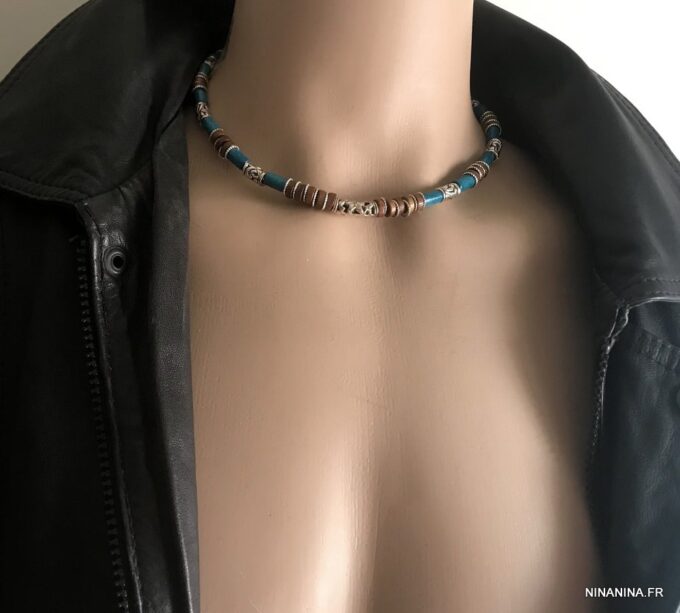 N3501c Collier homme perle bois bleu turquoise ethnique sur cordon cuir - Bijoux Colliers en ligne Ninanina