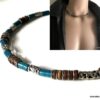 N3501d Collier homme perle bois bleu turquoise ethnique sur cordon cuir - Bijoux Colliers en ligne Ninanina