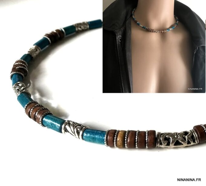 N3501d Collier homme perle bois bleu turquoise ethnique sur cordon cuir - Bijoux Colliers en ligne Ninanina