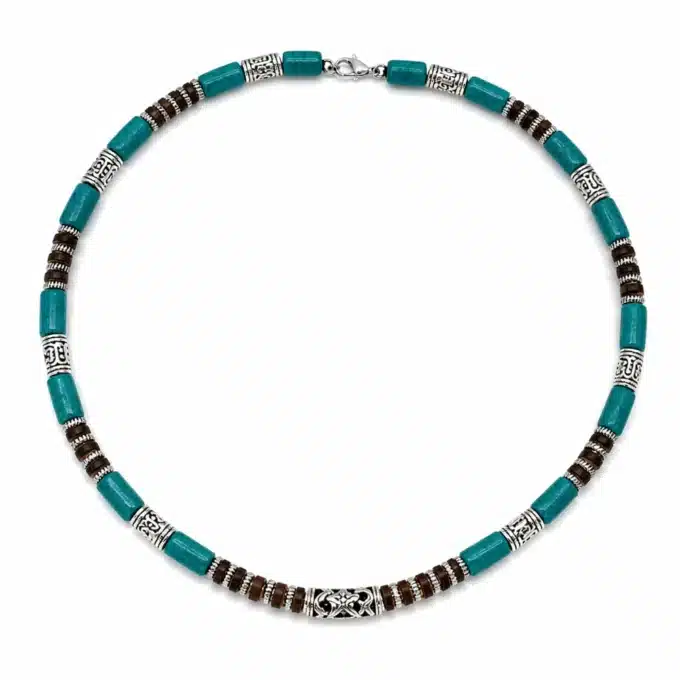 N3501d Collier homme perle bois ethnique marron et bleu turquoise artisanal – Bijoux Colliers hommes en ligen Ninanina