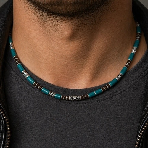 N3501e Collier homme perle bois ethnique marron et bleu turquoise artisanal – Bijoux Colliers hommes en ligen Ninanina