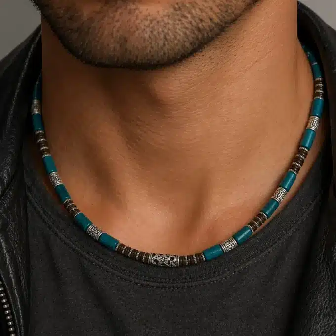N3501f Collier homme perle bois ethnique marron et bleu turquoise artisanal – Bijoux Colliers hommes en ligen Ninanina
