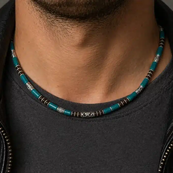 N3501h Collier homme perle bois ethnique marron et bleu turquoise artisanal – Bijoux Colliers hommes en ligen Ninanina