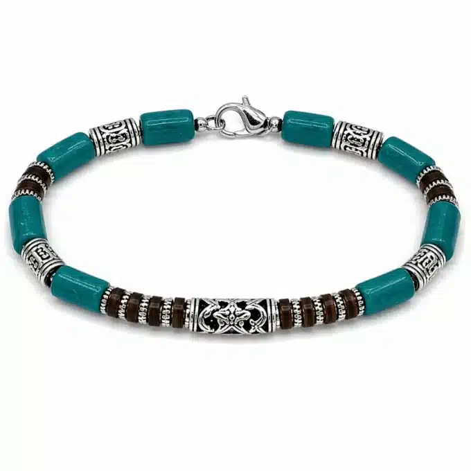 N3503 Bracelet Perles Bois Bleues Turquoise et Marron – Bijou Artisanal Homme - Bijoux bracelets hommes en ligne Ninanina