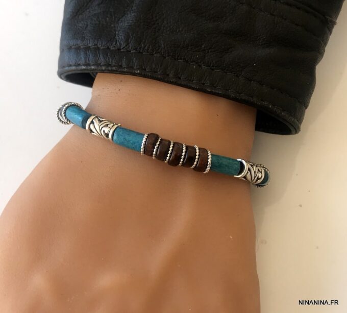 N3503 Bracelet perles en bois bleues turquoise cordon cuir homme - Bijoux Bracelets en ligne Ninanina