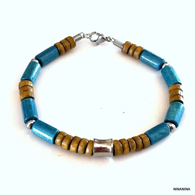 N3503 Bracelet perles en bois bleues turquoise et marron artisanal - Bijoux Bracelets en ligne Ninanina