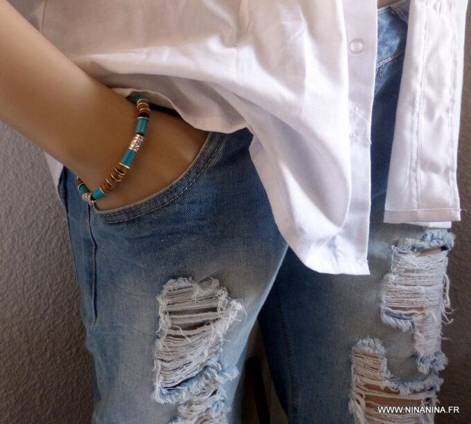 N3503A Bracelet homme cuir et perles bois turquoise NINANINA