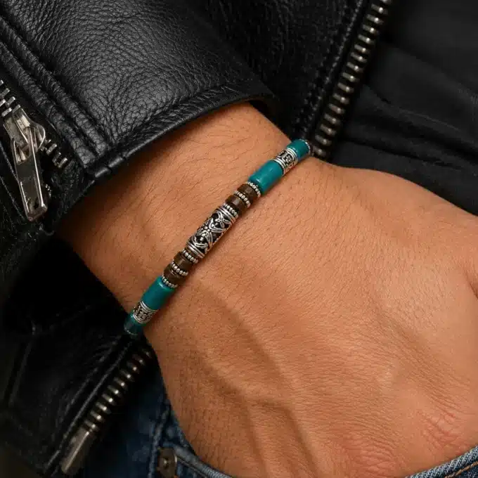 N3503a Bracelet Perles Bois Bleues Turquoise et Marron – Bijou Artisanal Homme - Bijoux bracelets hommes en ligne Ninanina