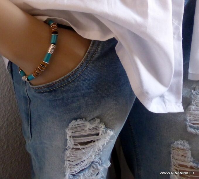 N3503B Bracelet homme cuir et perles bois turquoise NINANINA