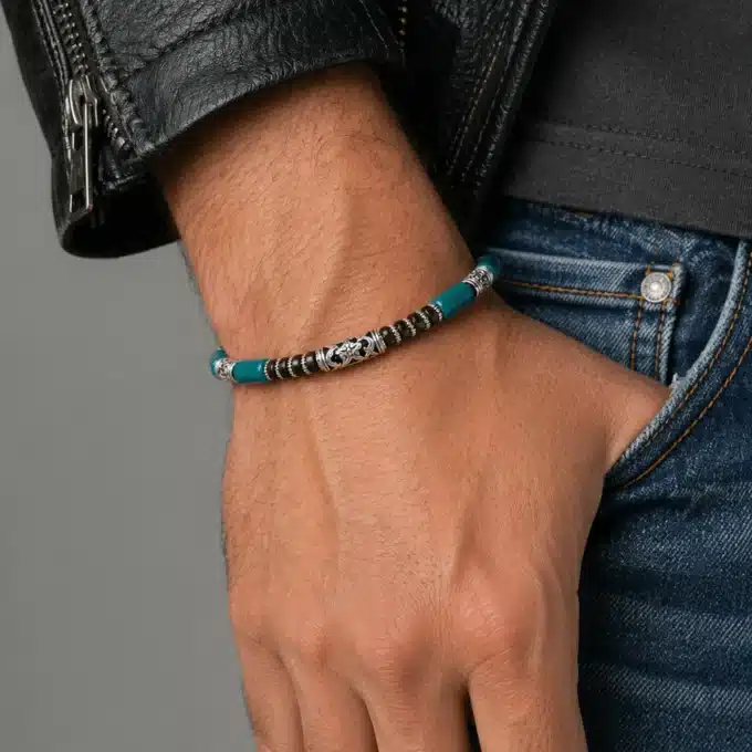 N3503b Bracelet Perles Bois Bleues Turquoise et Marron – Bijou Artisanal Homme - Bijoux bracelets hommes en ligne Ninanina