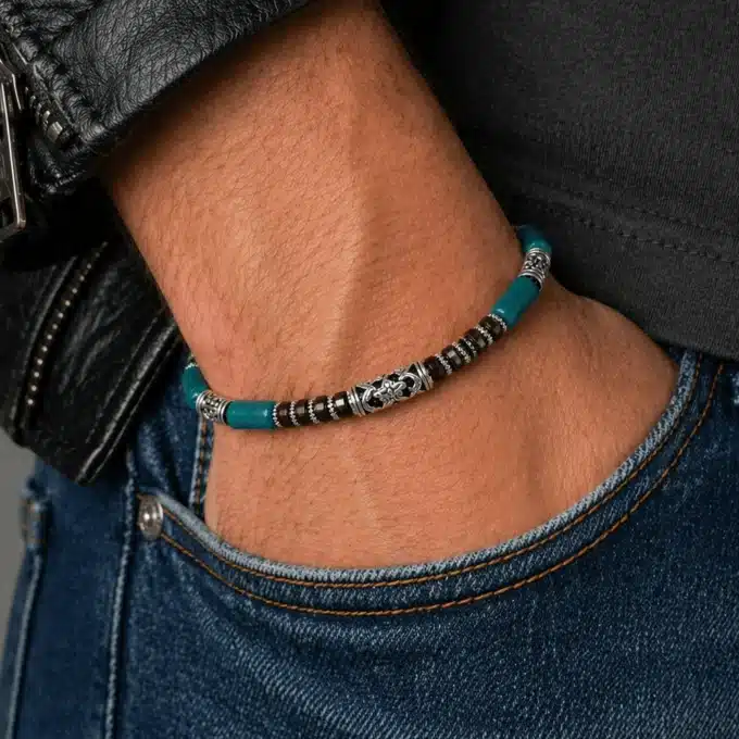 N3503c Bracelet Perles Bois Bleues Turquoise et Marron – Bijou Artisanal Homme - Bijoux bracelets hommes en ligne Ninanina