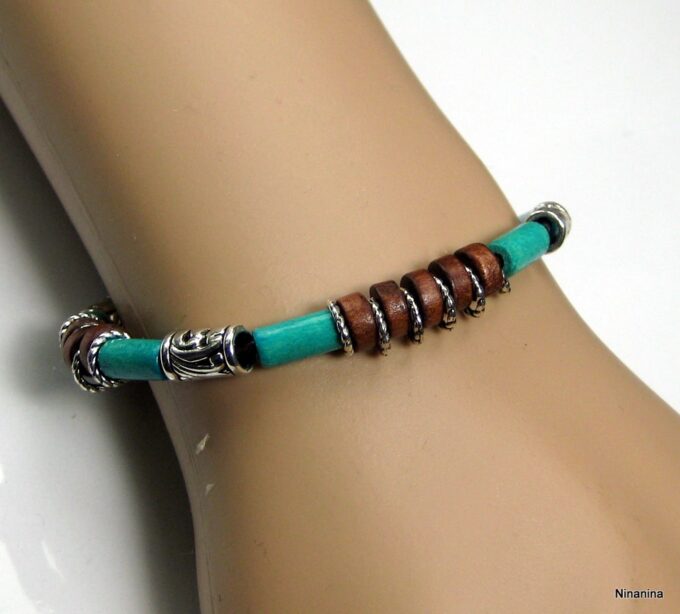 N3503d bracelet homme perle bois turquoise