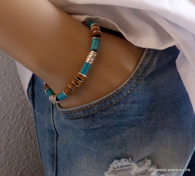 N3503F Bracelet homme cuir et perles bois turquoise NINANINA