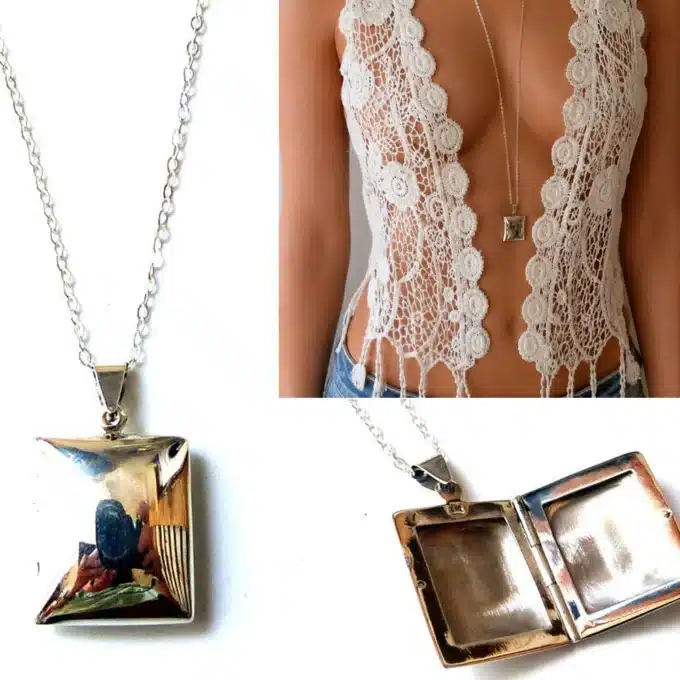 N3506 Sautoir porte photo pendentif carré Argent - Collier long - Bijoux colliers femmes en ligne Ninanina