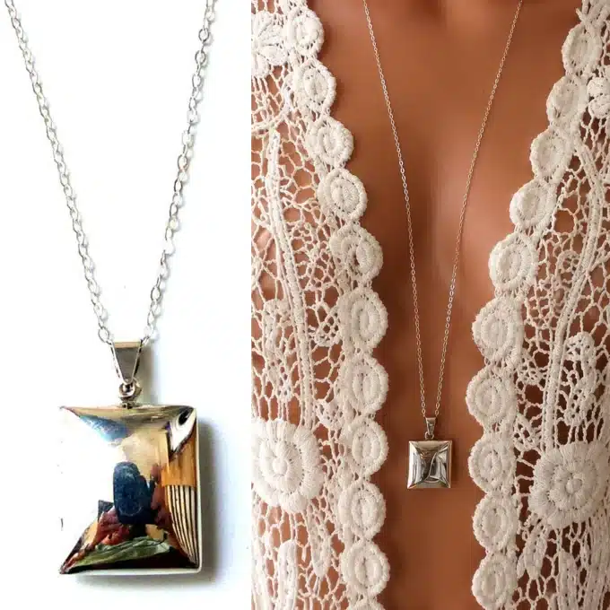 N3506B Sautoir porte photo pendentif carré Argent - Collier long - Bijoux colliers femmes en ligne Ninanina