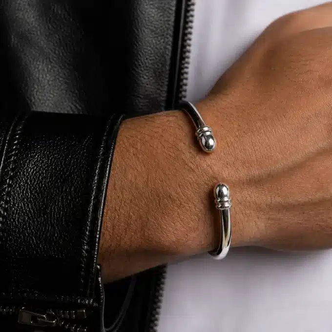 N3508 Bracelet Jonc Argent plaqué 2 boules Homme ouvert réglable - Bijoux bracelets hommes en ligne Ninanina