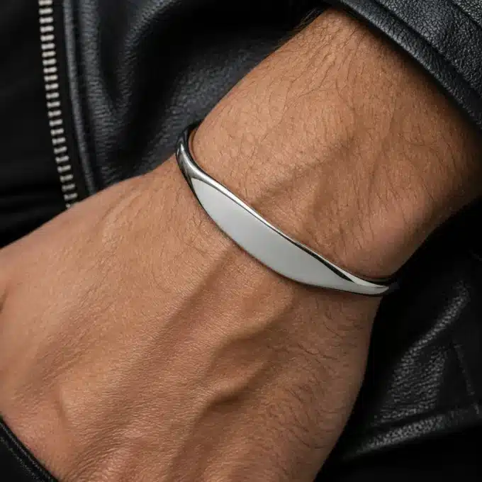 N3508b Bracelet Jonc Argent plaqué 2 boules Homme ouvert réglable - Bijoux bracelets hommes en ligne Ninanina