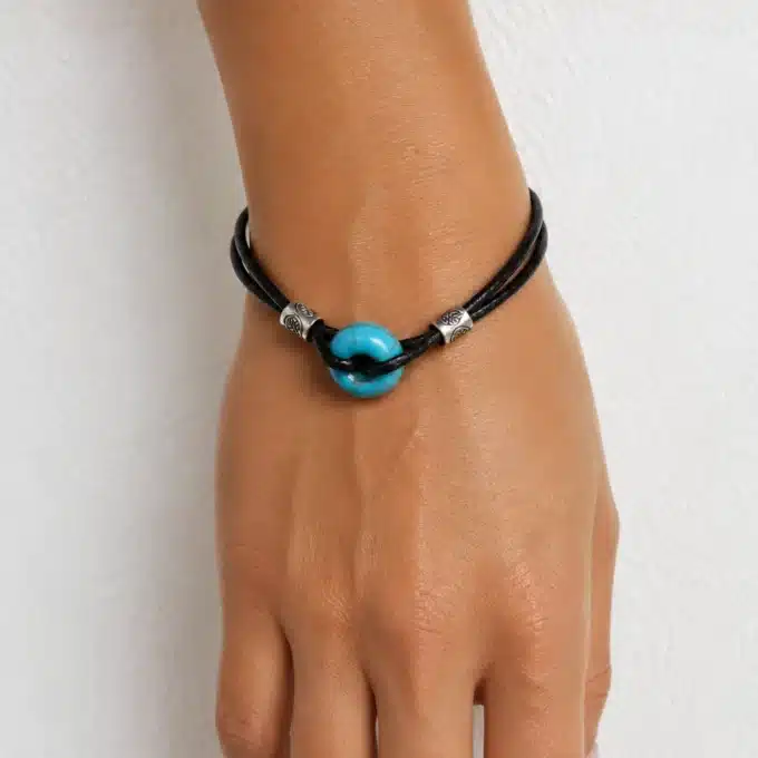 N3509a Bracelet cuir Argent 925 et pierre howlite Turquoise - Bijoux bracelets hommes en ligne Ninanina