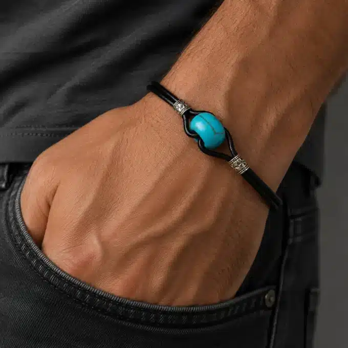 N3509b Bracelet cuir Argent 925 et pierre howlite Turquoise - Bijoux bracelets hommes en ligne Ninanina