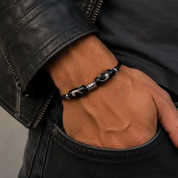 N3514 Bracelet tribal cordon cuir noir Argent 925 massif - Bijoux bracelets homme en ligne Ninanina