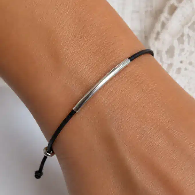 N3520a Bracelet femme ajustable perle tube Argent 925 Cordon Cuir - Bijoux bracelets femmes en ligne Ninanina