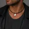 N3521 Collier homme pendentif porte photo Argent 925 massif cordon cuir - Bijoux colliers hommes en ligne Ninanina