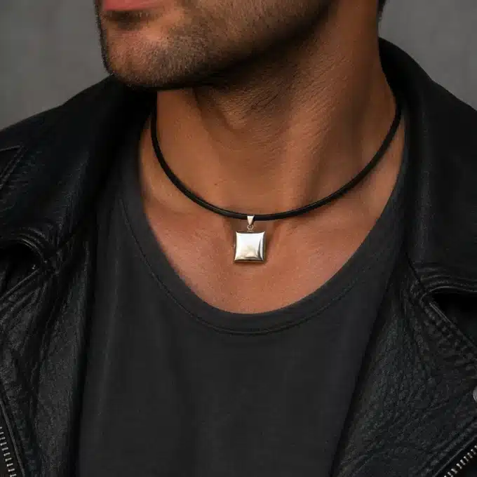N3521 Collier homme pendentif porte photo Argent 925 massif cordon cuir - Bijoux colliers hommes en ligne Ninanina
