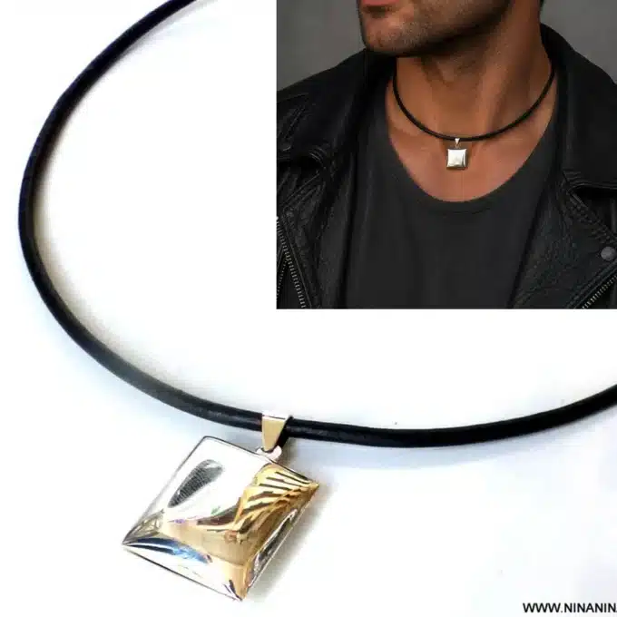 N3521a Collier homme pendentif porte photo Argent 925 massif cordon cuir - Bijoux colliers hommes en ligne Ninanina