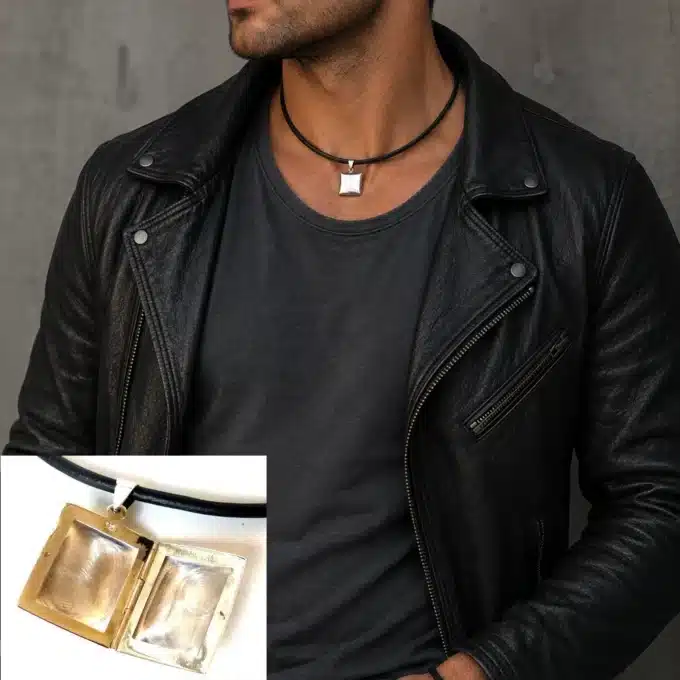 N3521b Collier homme pendentif porte photo Argent 925 massif cordon cuir - Bijoux colliers hommes en ligne Ninanina
