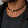 N3526 Collier homme boule Acier inoxydable cordon cuir tressé - Bijoux Colliers hommes en ligne Ninanina