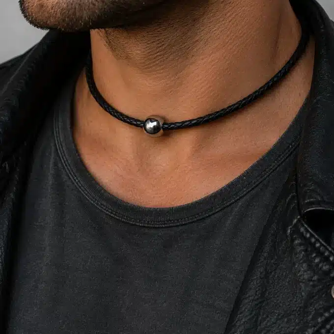 N3526 Collier homme boule Acier inoxydable cordon cuir tressé - Bijoux Colliers hommes en ligne Ninanina