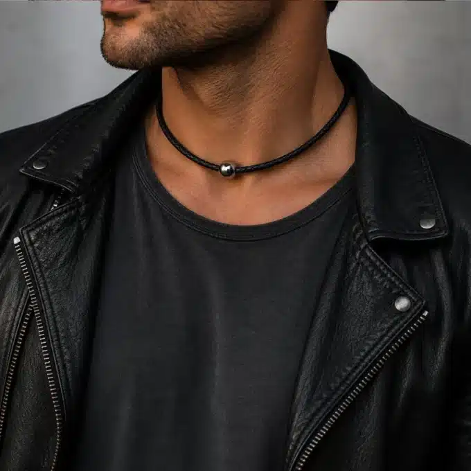 N3526A Collier homme boule Acier inoxydable cordon cuir tressé - Bijoux Colliers hommes en ligne Ninanina