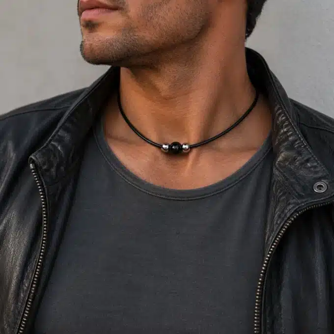 N3533 Collier homme agate noire et perle acier inoxydable cordon cuir - Bijoux Colliers hommes en ligne Ninanina