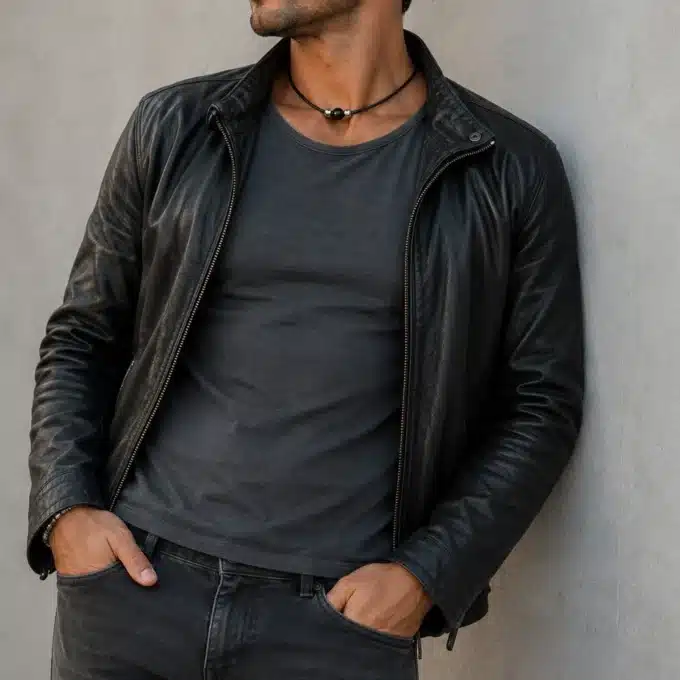 N3533a Collier homme agate noire et perle acier inoxydable cordon cuir - Bijoux Colliers hommes en ligne Ninanina
