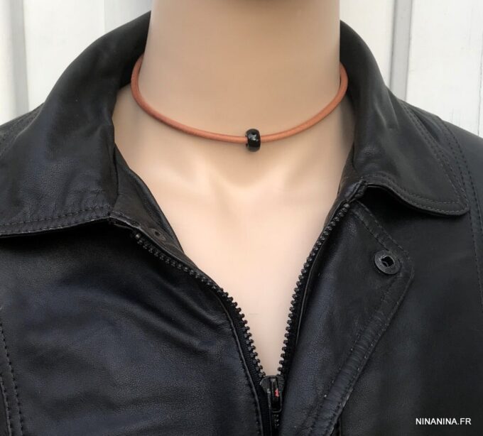 N3534 Collier homme pierre noire agate cordon cuir naturel - Bijoux Colliers en ligne Ninanina