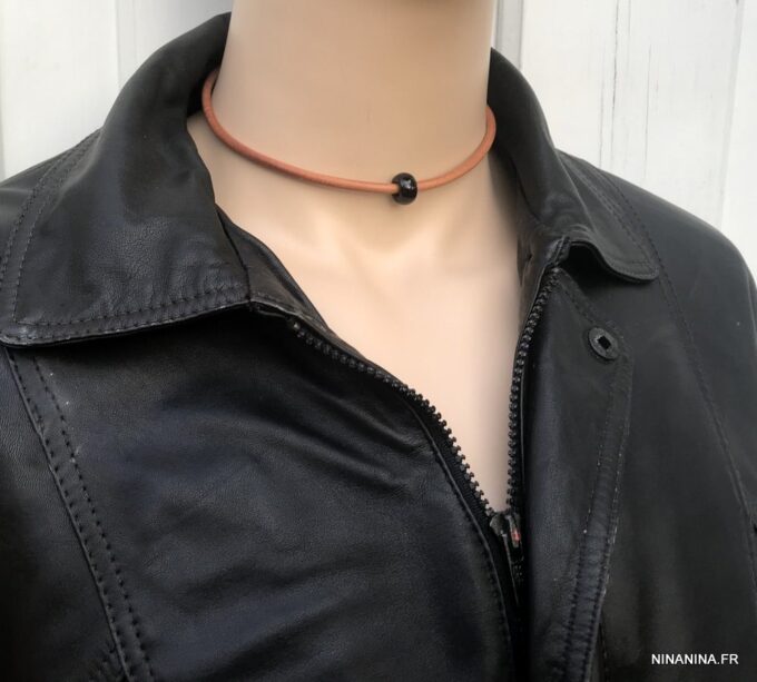 N3534a Collier homme pierre noire agate cordon cuir naturel - Bijoux Colliers en ligne Ninanina