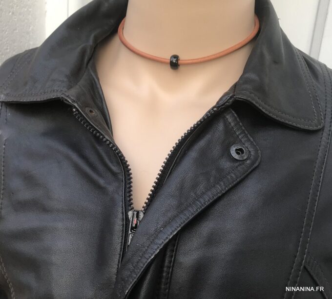 N3534b Collier homme pierre noire agate cordon cuir naturel - Bijoux Colliers en ligne Ninanina