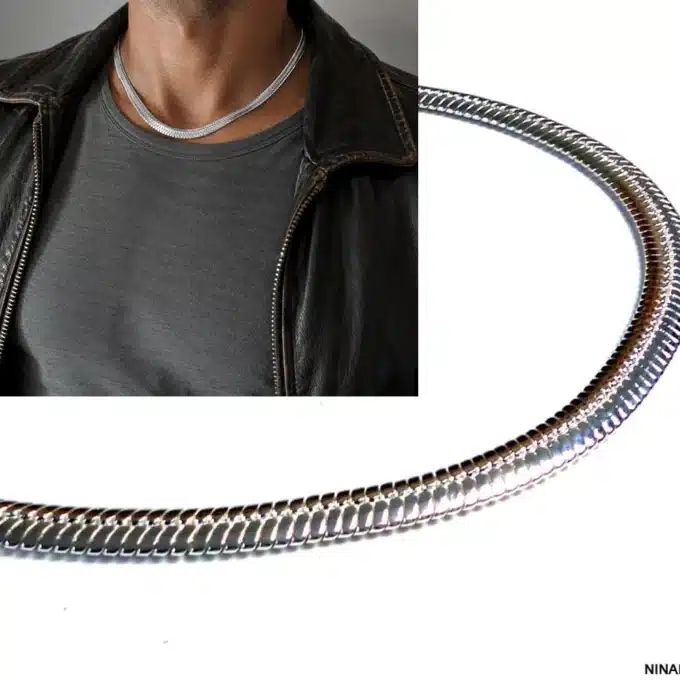 N3541b Chaine homme Argent plaqué maille serpent large - Bijoux colliers hommes en ligne Ninanina
