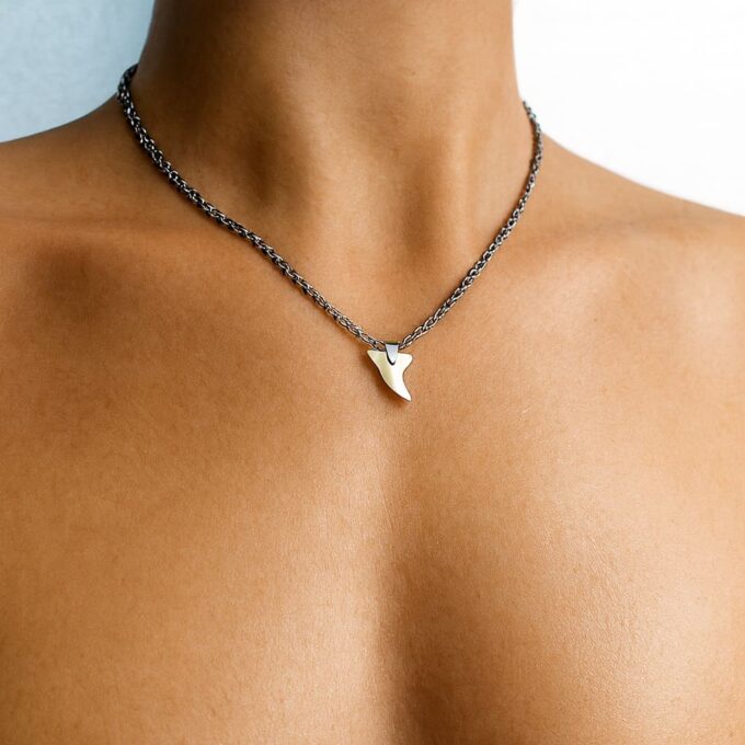 N3556d Collier homme pendentif dent de requin véritable et Acier inoxydable argenté - Bijoux Colliers hommes en ligne Ninanina