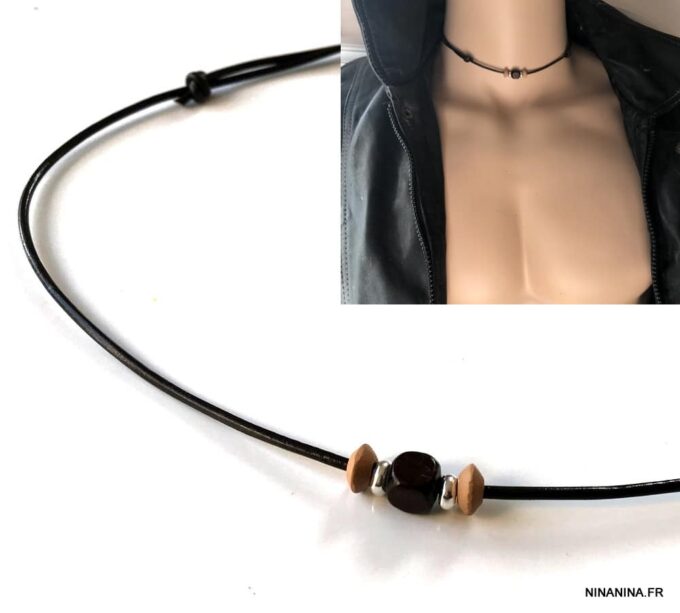 N3569 Collier cordon Cuir homme ajustable perle bois carrée - Bijoux Colliers en ligne Ninanina
