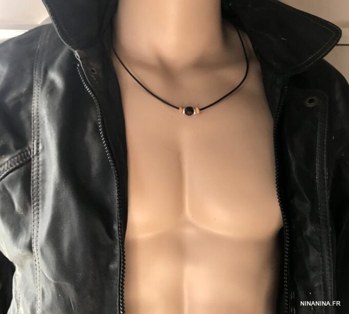 N3569a Collier cordon Cuir homme ajustable perle bois carrée - Bijoux Colliers en ligne Ninanina