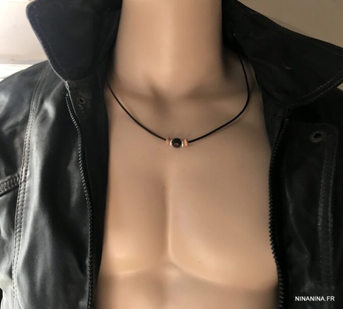 N3569d Collier cordon Cuir homme ajustable perle bois carrée - Bijoux Colliers en ligne Ninanina