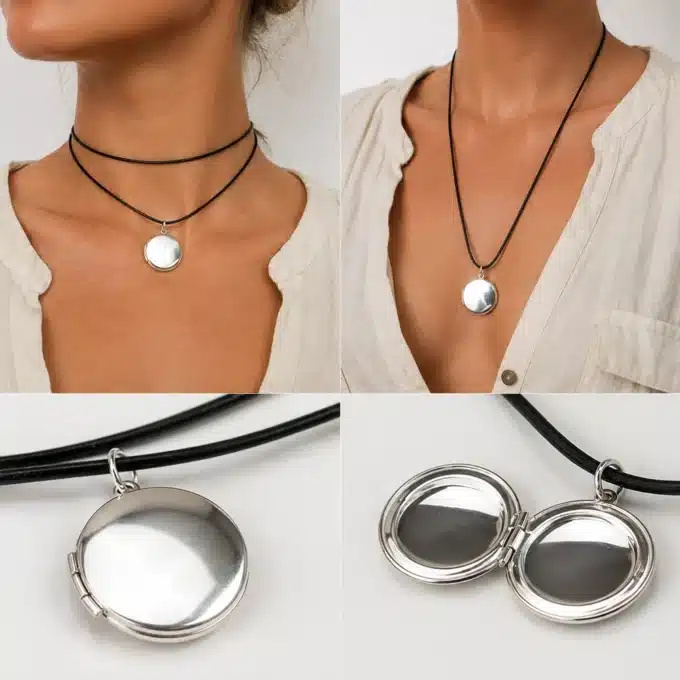 N3574 Collier cordon Cuir médaillon porte photo Plaqué Argent - Bijoux colliers femmes en ligne Ninanina
