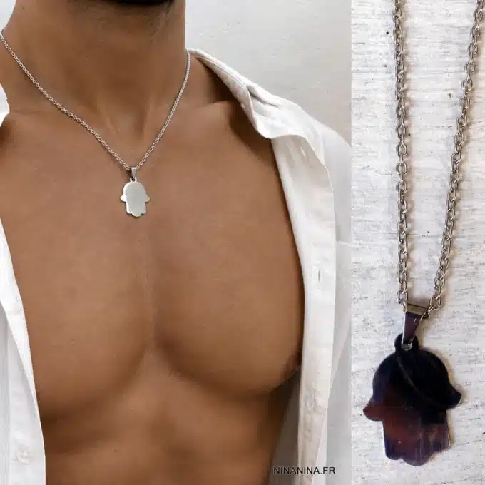 N3602a Collier main de fatma homme Acier inoxydable argenté artisanal - Bijoux colliers hommes en ligne Ninanina