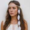 N3604a Headband Femme Cordon Cuir Blanc Et Longues Plumes Blanches - Accessoires de coiffure boheme chic en ligne Ninanina