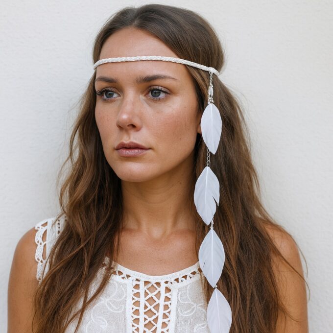 N3604a Headband Femme Cordon Cuir Blanc Et Longues Plumes Blanches - Accessoires de coiffure boheme chic en ligne Ninanina