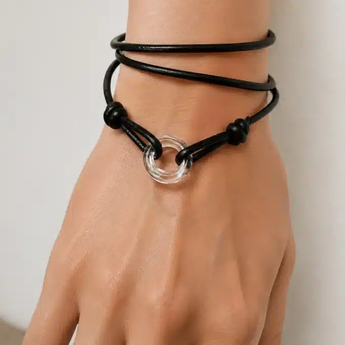 N3612 Bracelet cristal de Swarovski anneau et cordon cuir réglable Bijoucx bracelets femmes en ligne Ninanina