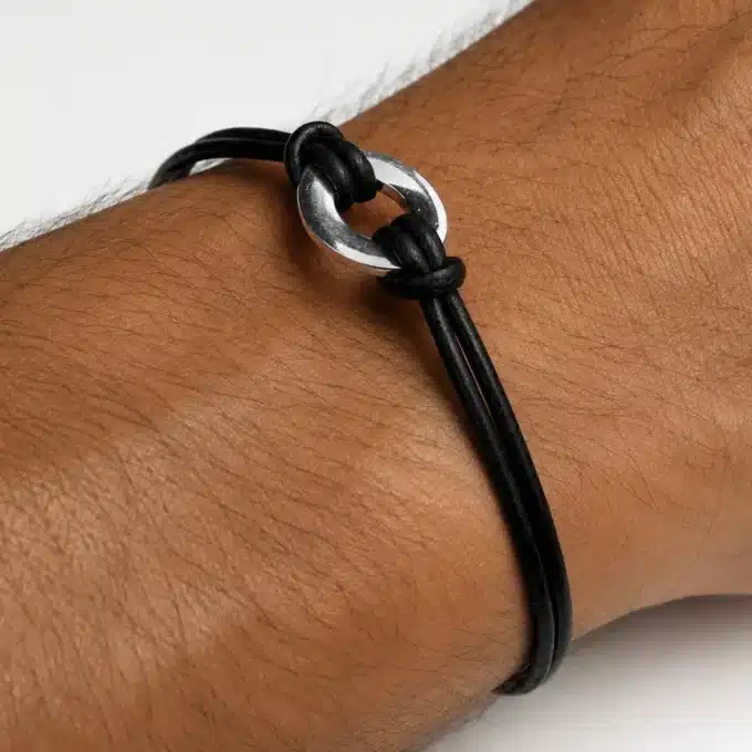 N3617 Bracelet cordon Cuir anneau ovale en plaqué Argent - Bijoux bracelets hommes en ligne Ninanina